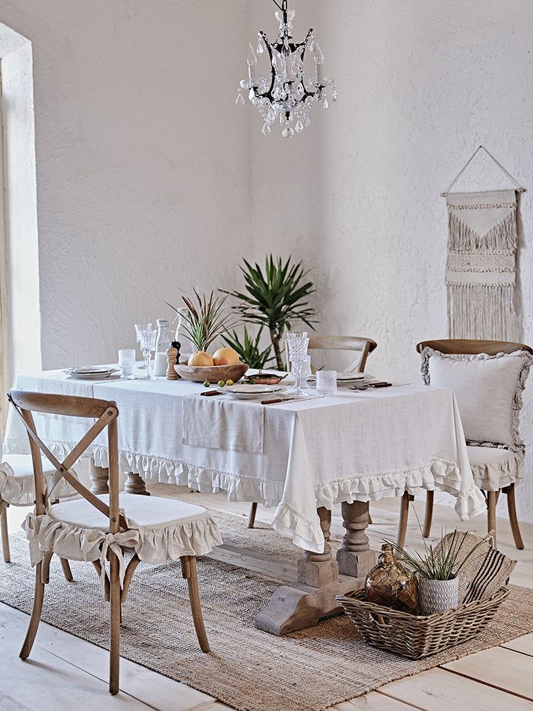 Cream White Linen Ruffle Tablecloth