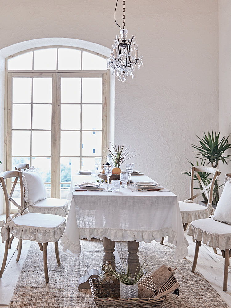 Cream White Linen Ruffle Tablecloth