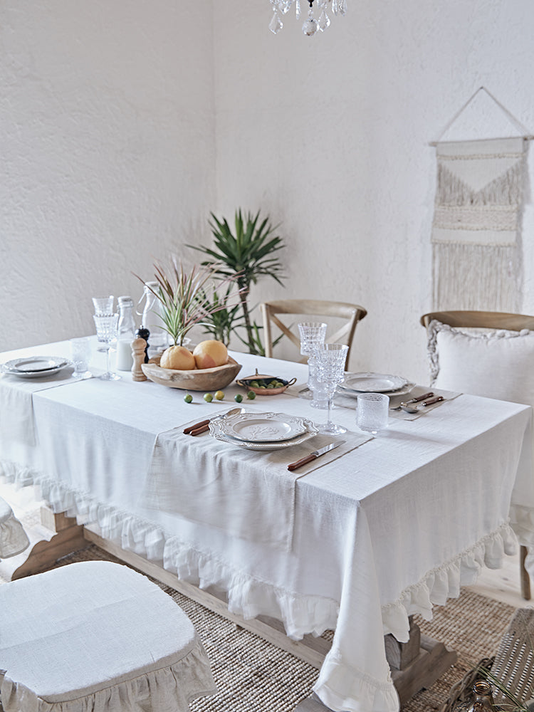 Cream White Linen Ruffle Tablecloth