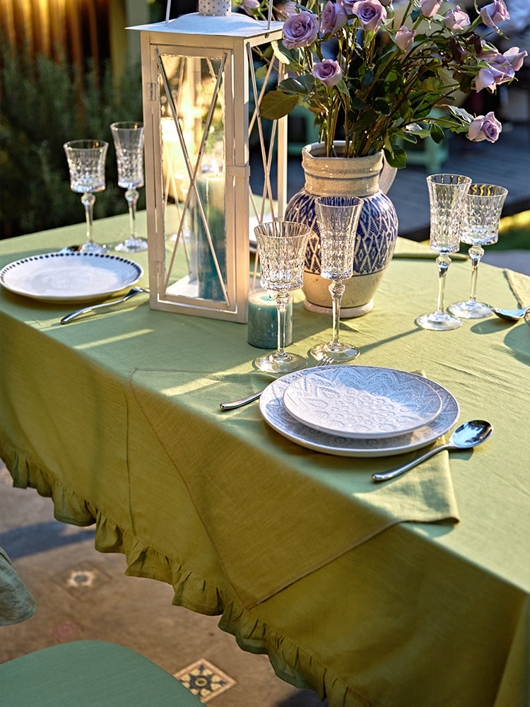 Green Linen Ruffle Tablecloth