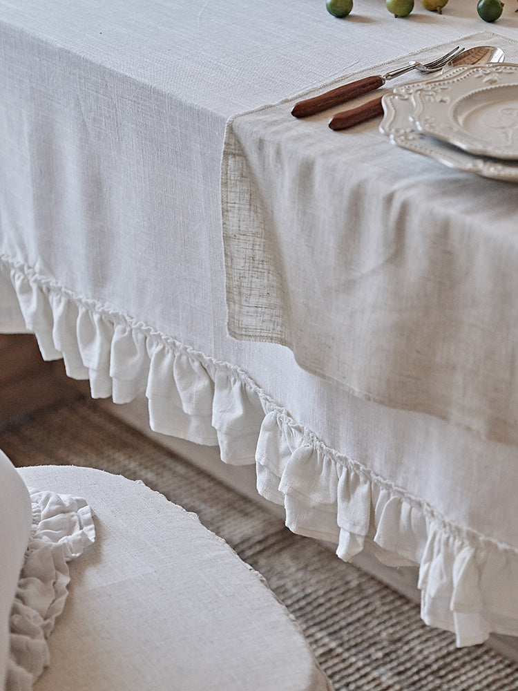 Cream White Linen Ruffle Tablecloth