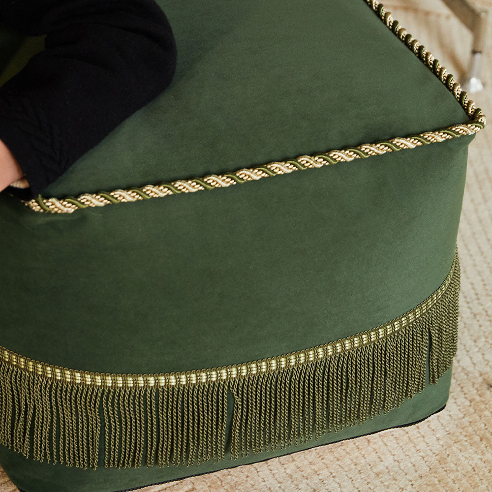 Verde Custom Retro Green Velvet Ottoman Cushion with Tassel Accents