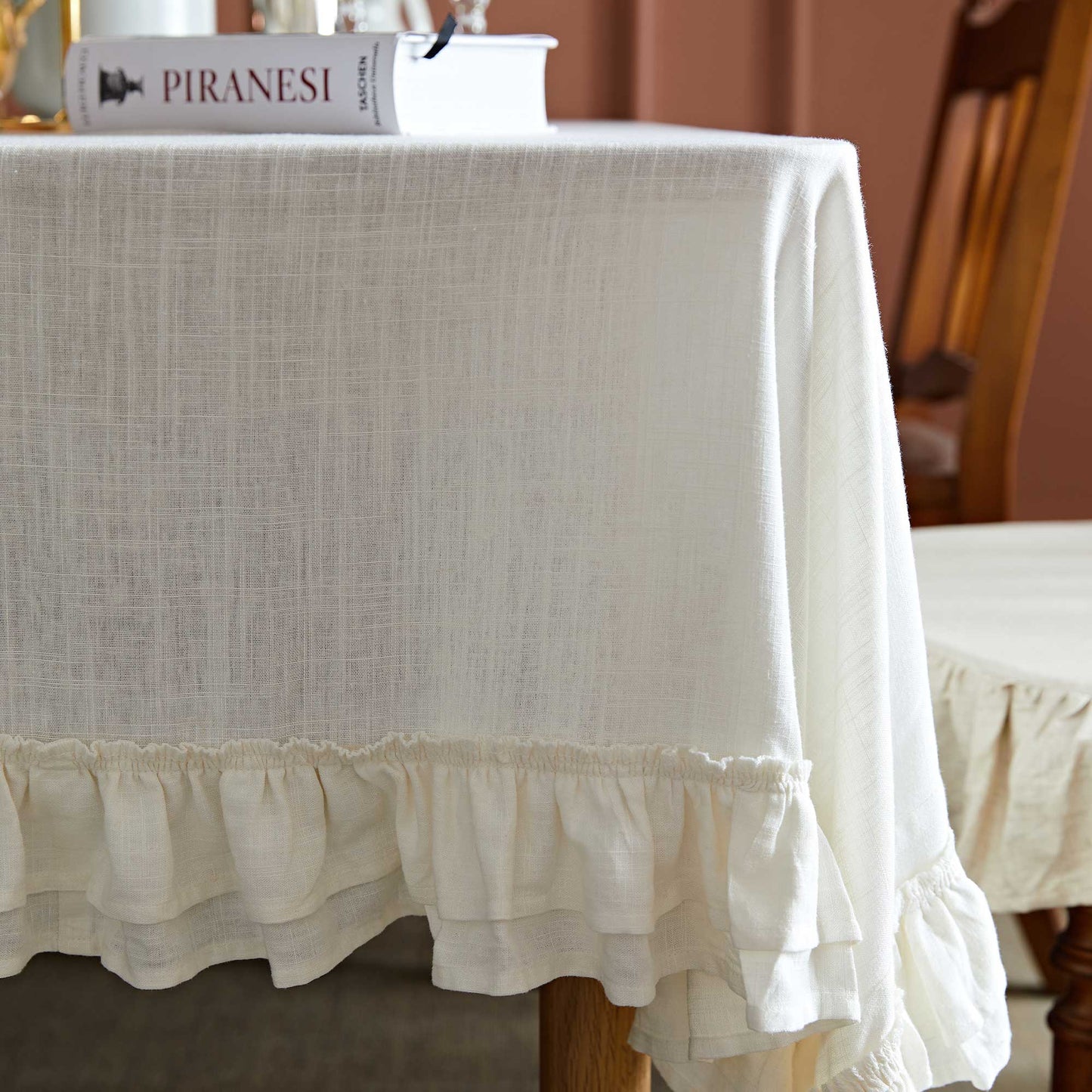 Sophia Cream White Linen Ruffle Tablecloth