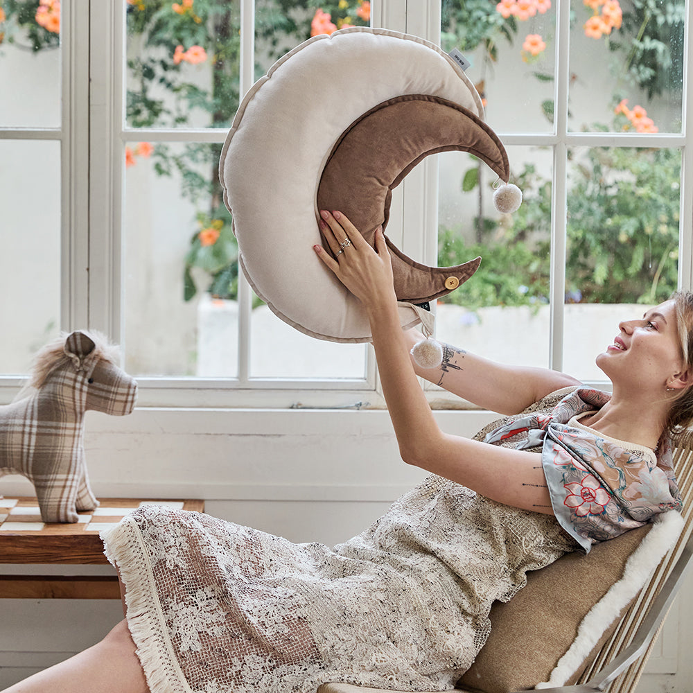 Crescent Moon Pillow with Pom Pom