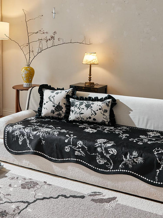 Irregular Black Floral Sofa Cover