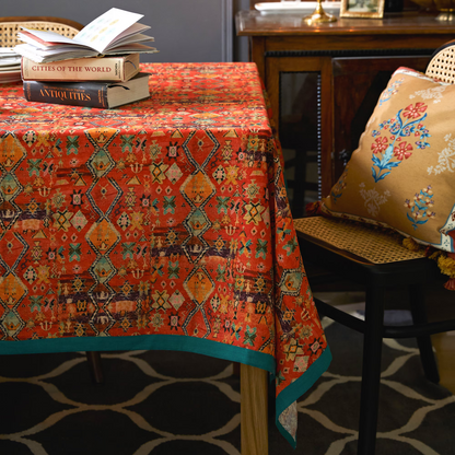 Ravi Orange Red Boho Country Linen Tablecloth