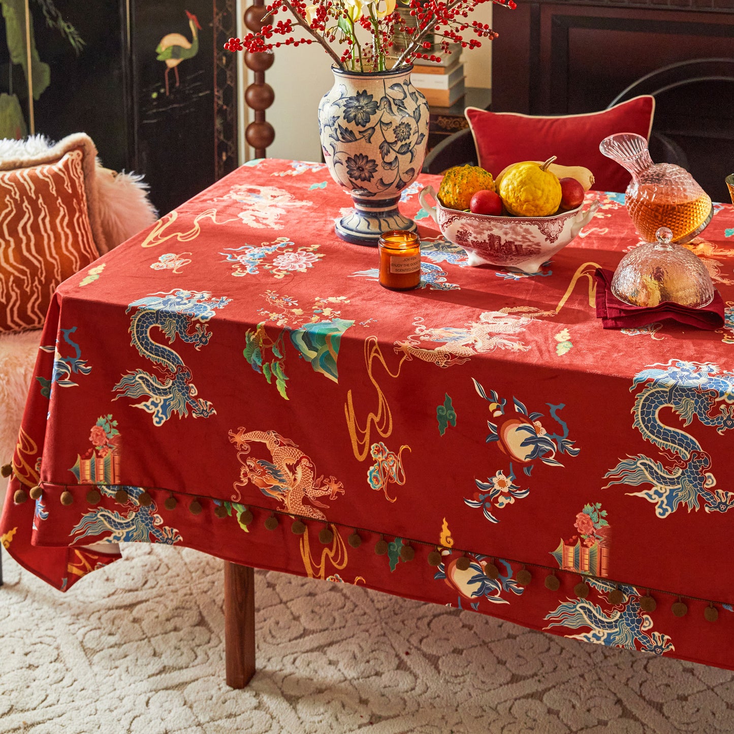 Oriental Style Dragon Pattern Waterproof Fabric Tablecloth