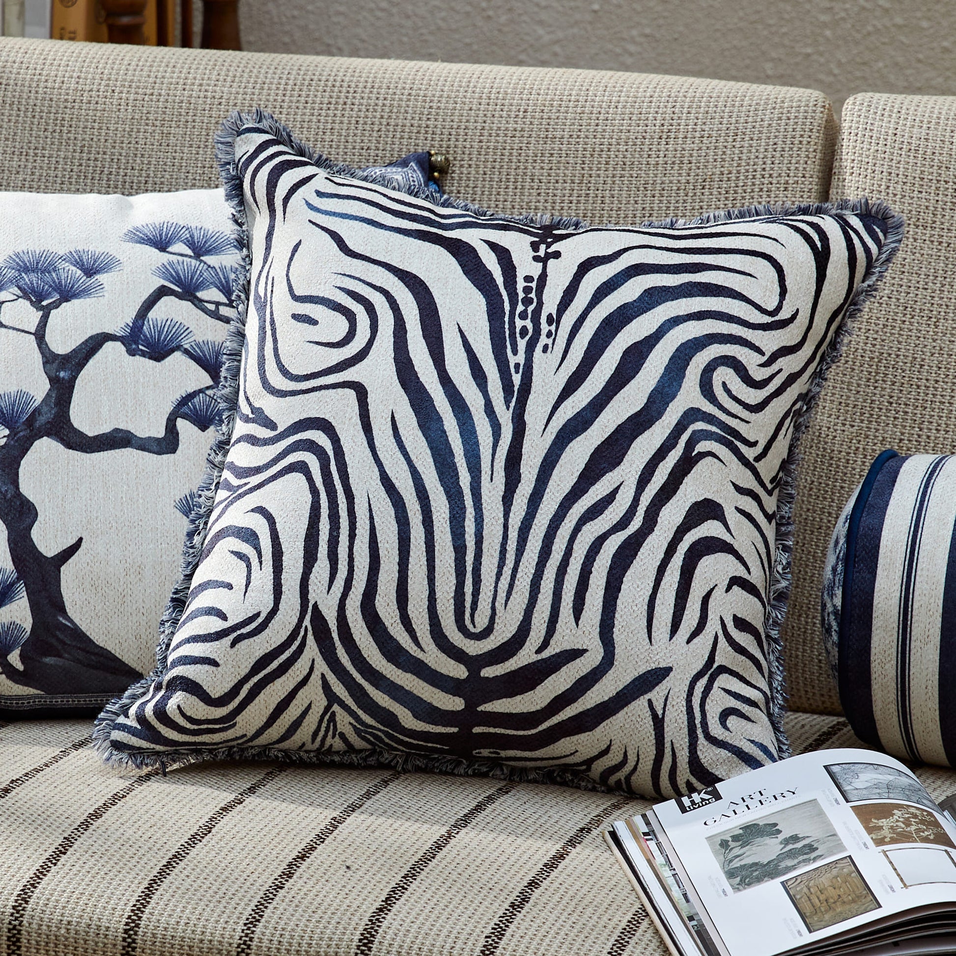 Nabis Blue and White Porcelain Zebra Print Throw Pillow Cover