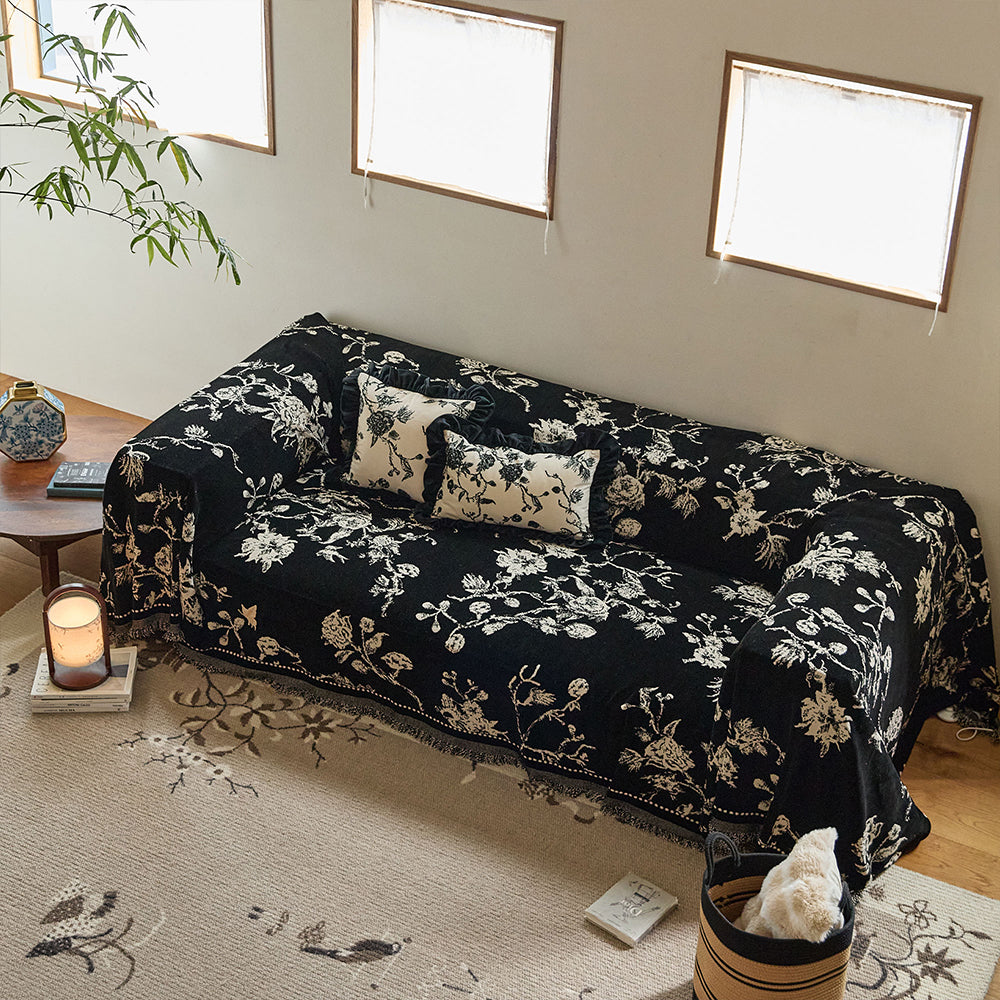 Noir Reversible Black and Ivory Floral Sofa Cover