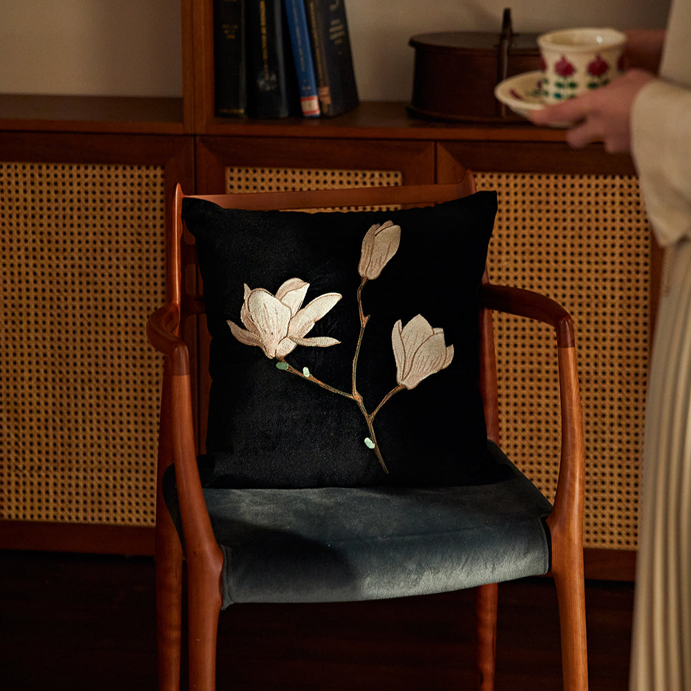 Magnolia Oriental Floral Black Throw Pillow Covers