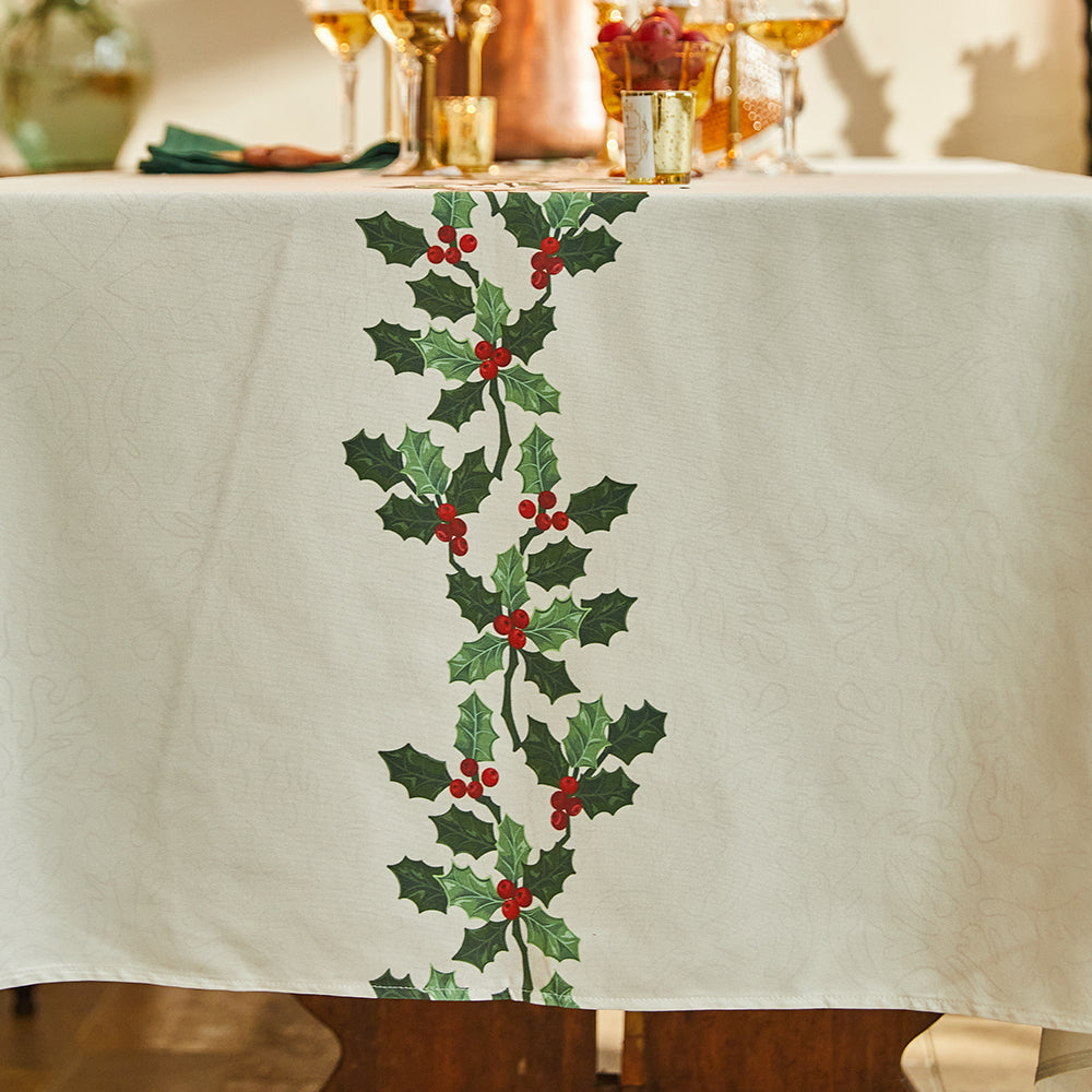 Mistletoe White Light Luxury Christmas Holly Tablecloth