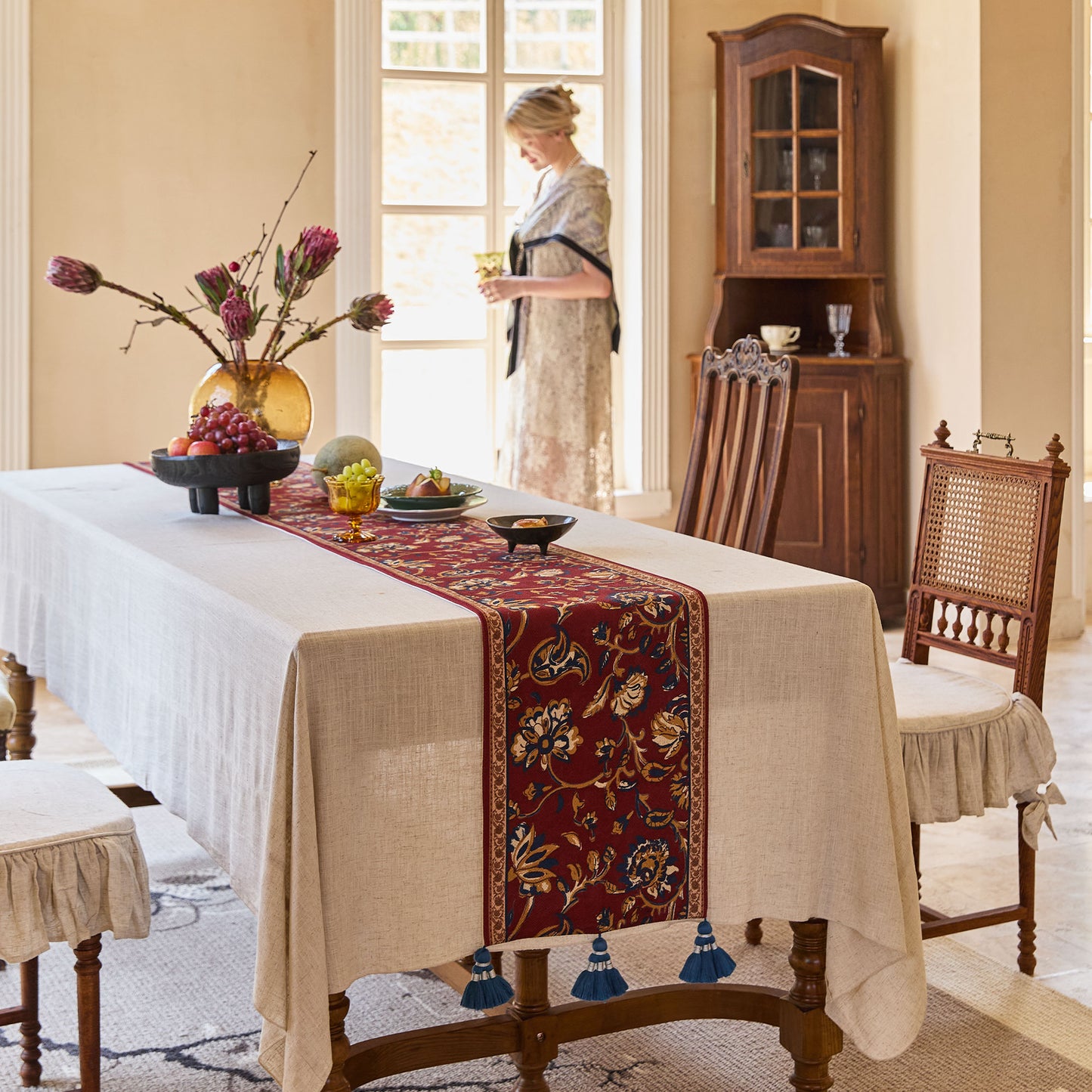 Vermillion Custom Floral Printed Chenille Table Runner