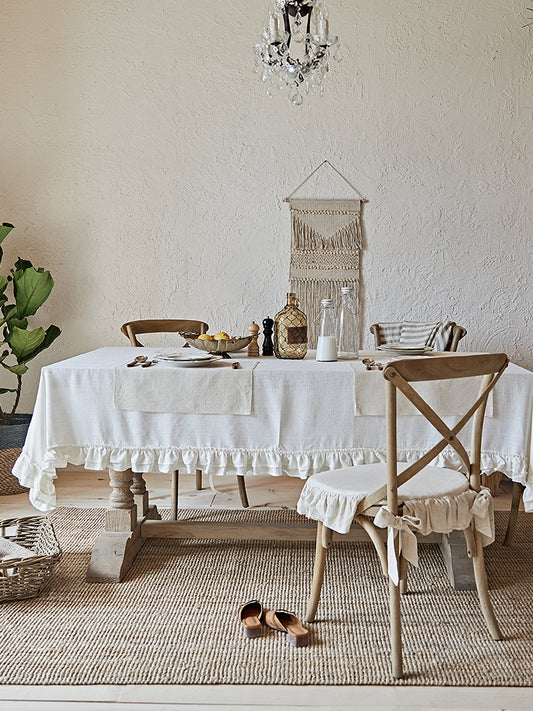 Cream White Linen Ruffle Tablecloth