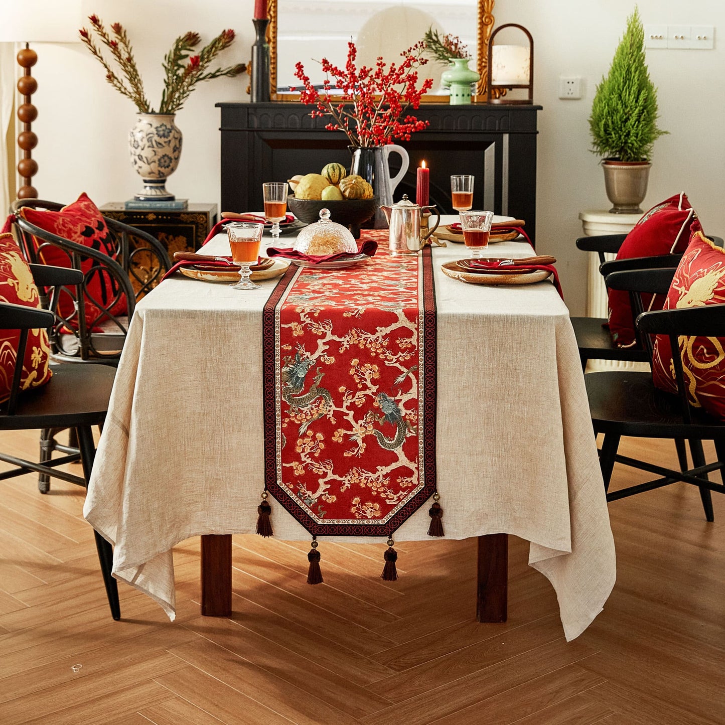 Nabis Dragon Patterned Oriental Style Animal Table Runner 