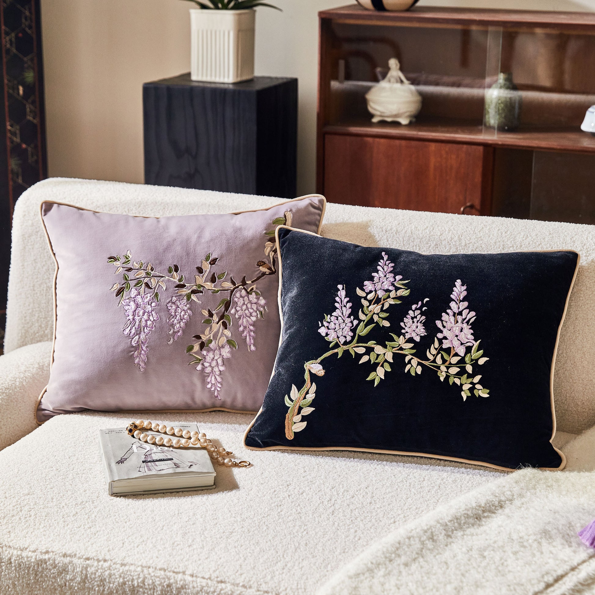 Nabis Embroidery Wisteria Velvet Throw Pillow Cover