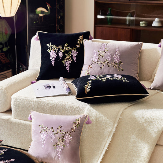 Nabis Embroidery Wisteria Velvet Throw Pillow Cover