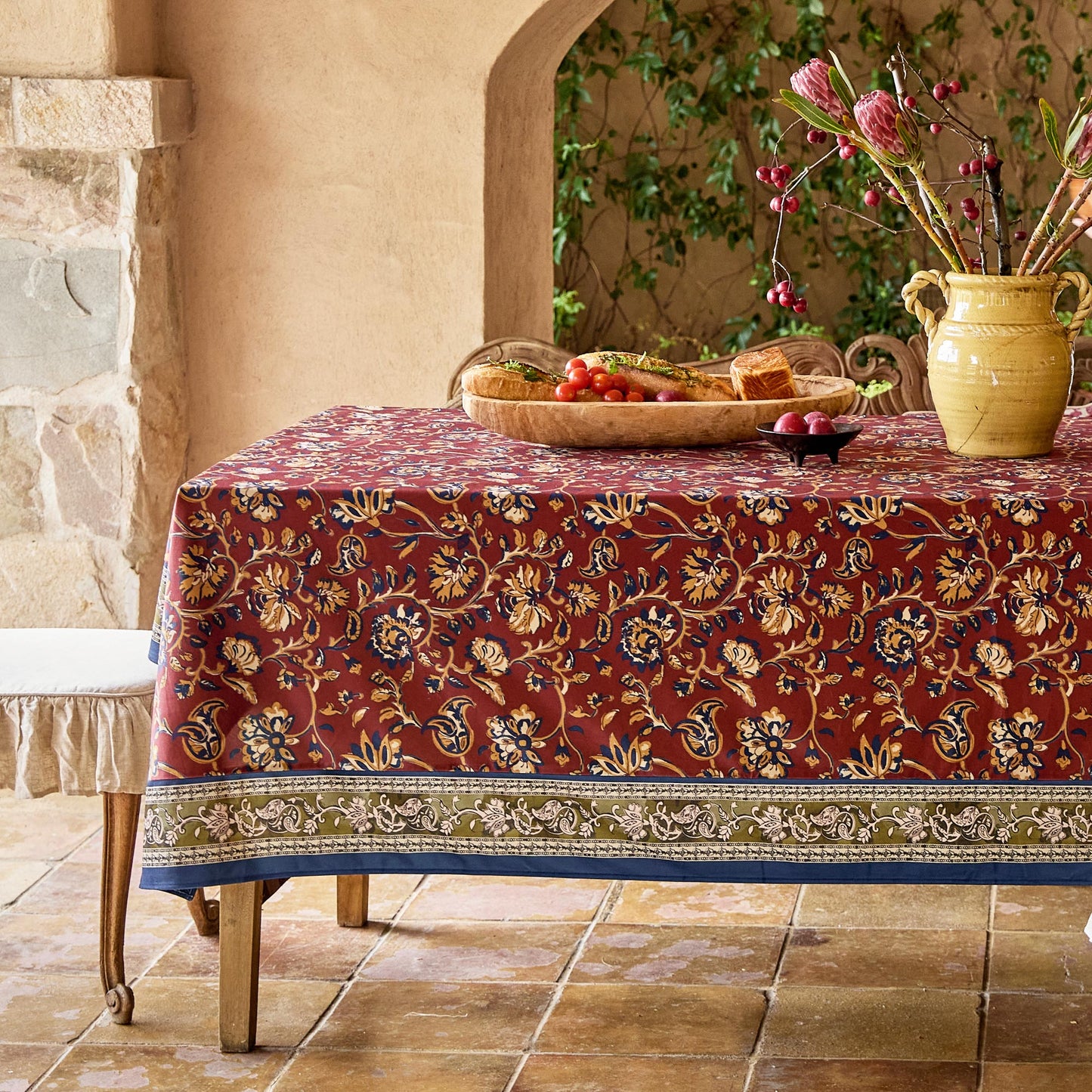 Vermillion Rich Floral Patterned Vintage Tablecloth